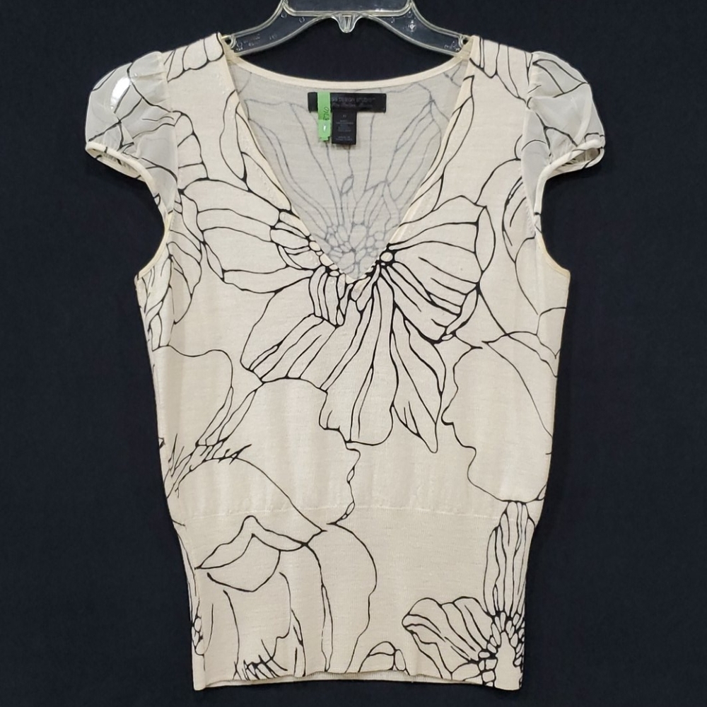 Express Cream V-Neck Sweater with Black Floral Outline